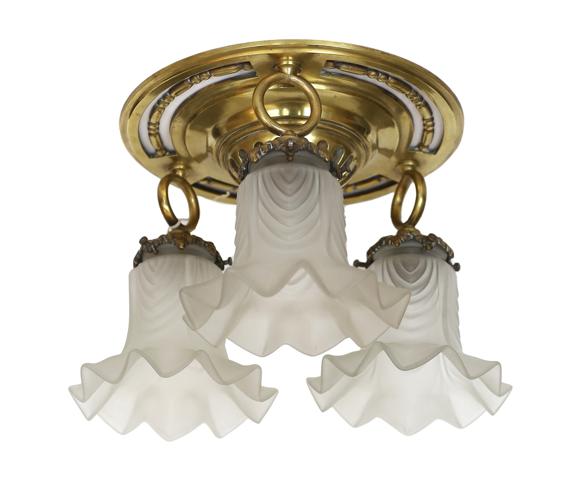 A 1920s French bronze ceiling light with three frosted glass shades, height 20cm. width 32cm